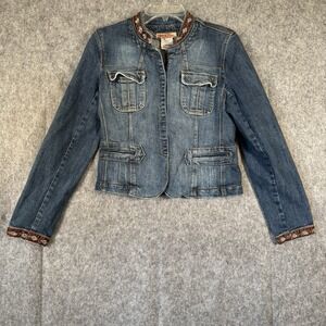 VTG 90s Y2K Paris Blues Denim Jacket Womens‎ Large Blue Embroidered Boho Hippie